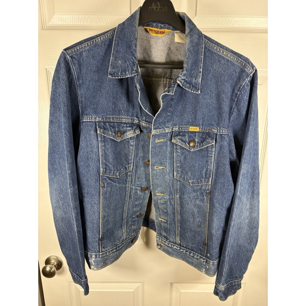 Rustler Denim Jacket Mens XL Blue Distressed Cotton Trucker Cowboy